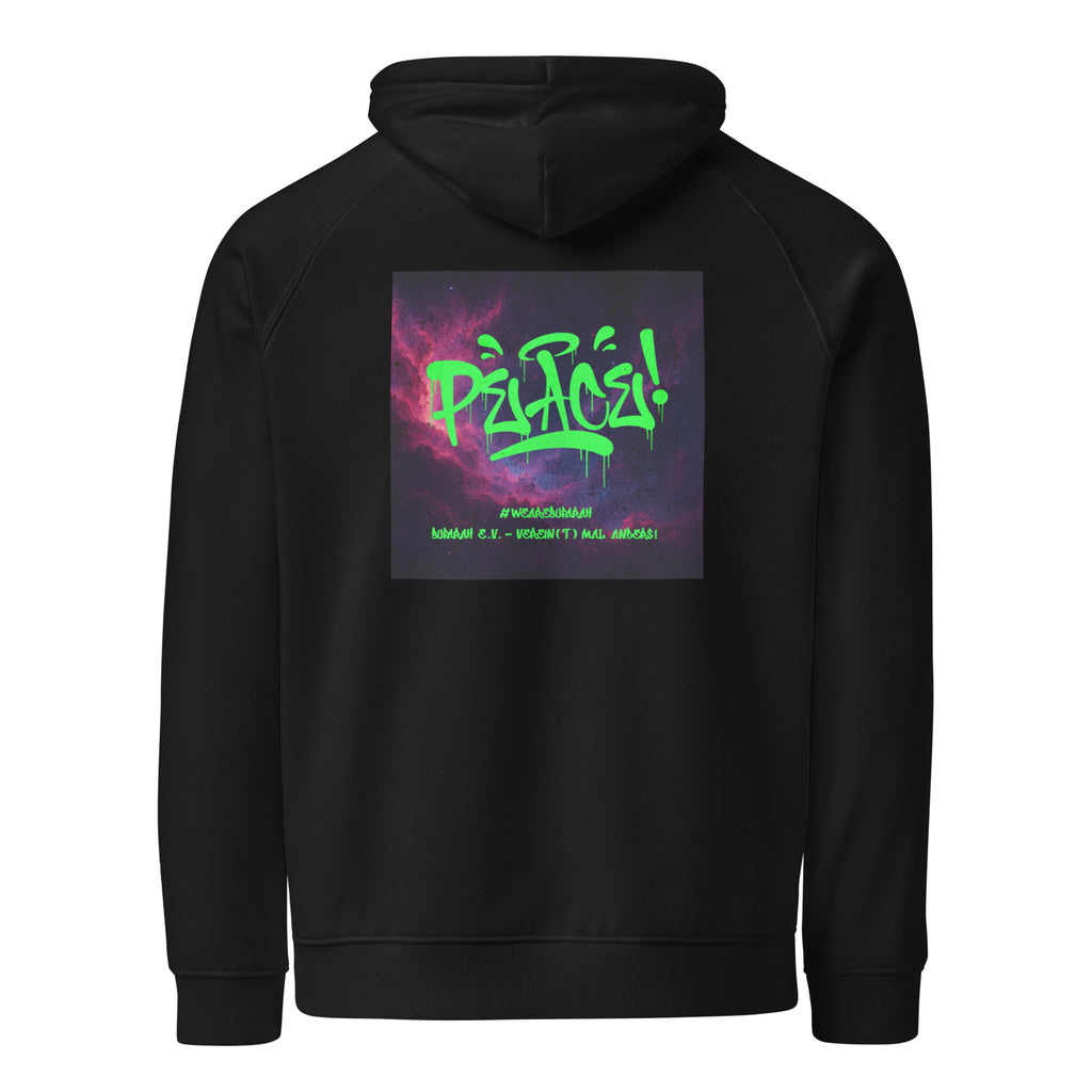 Schwarzer Bio-Raglan-Hoodie - Rückansicht Produktmockup
