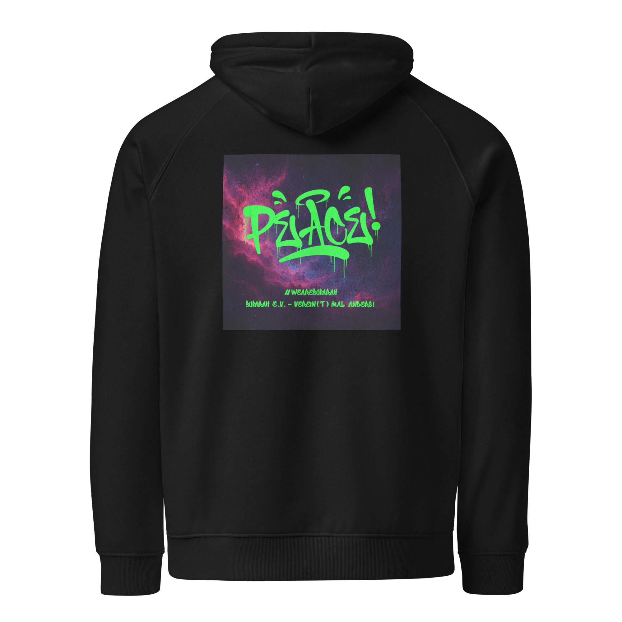 Schwarzer Bio-Raglan-Hoodie - Rückansicht Produktmockup
