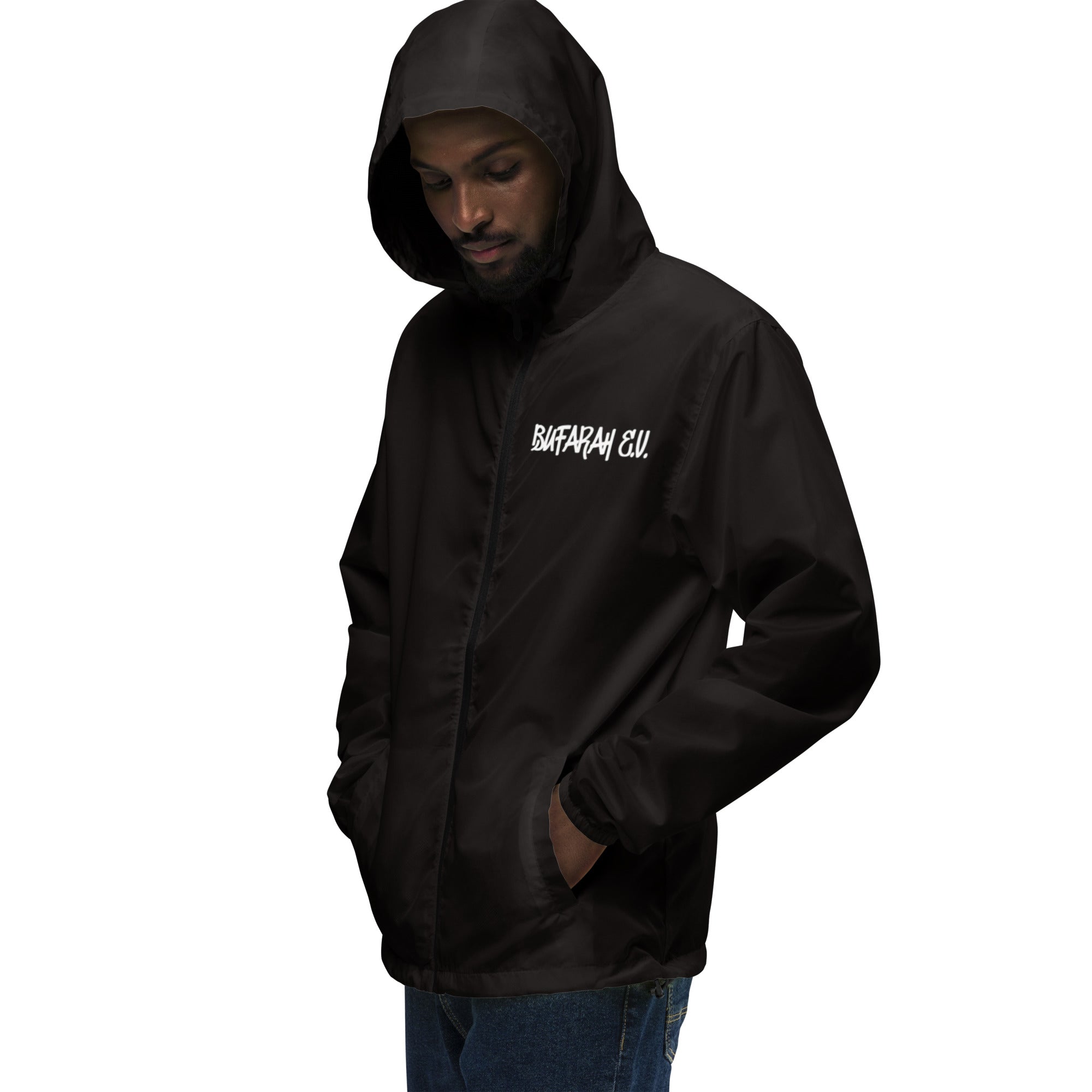 Schwarzer Windbreaker - Linke Vorderansicht Produktmockup
